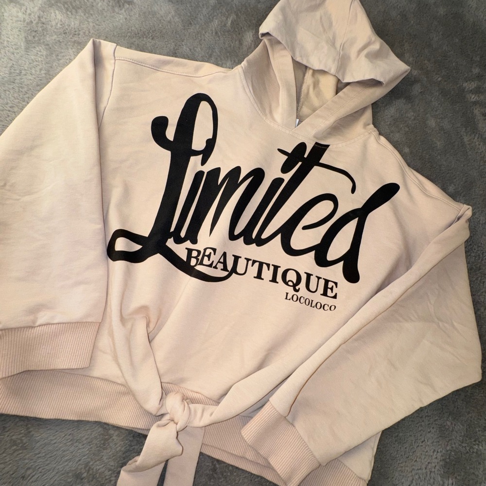 Locoloco Hoodie Women 14-15 Tan Excellent Graphic Print Cropped Tie Front 3850โ